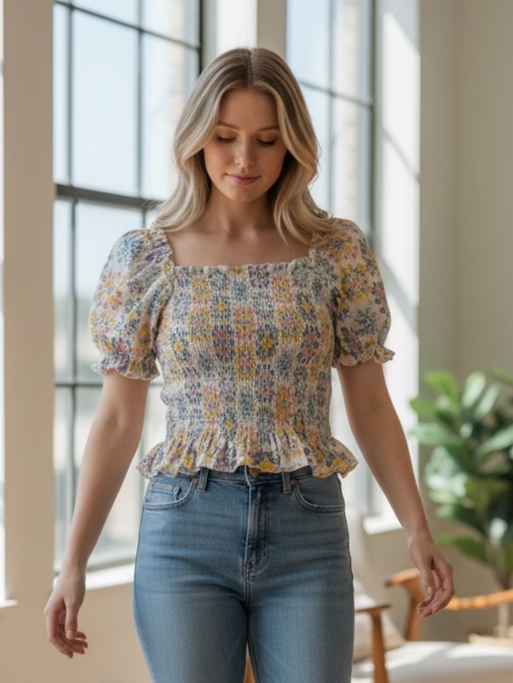 wonder nation Yellow & Blue Floral Smocked Puff-Sleeve Crop Top